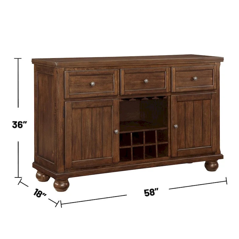 Mobiletto portabottiglie in legno con 3 cassetti e 2 ante, color noce