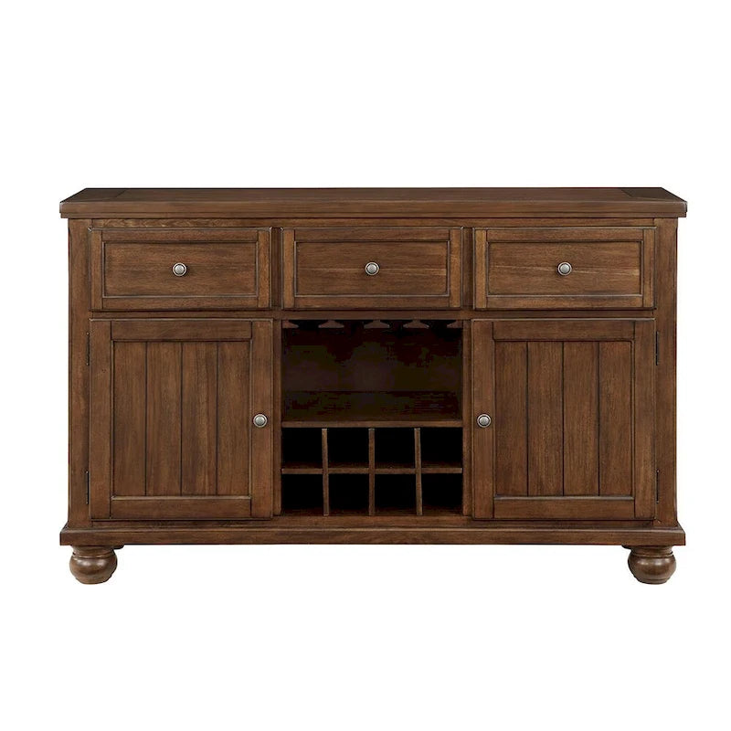 Mobiletto portabottiglie in legno con 3 cassetti e 2 ante, color noce