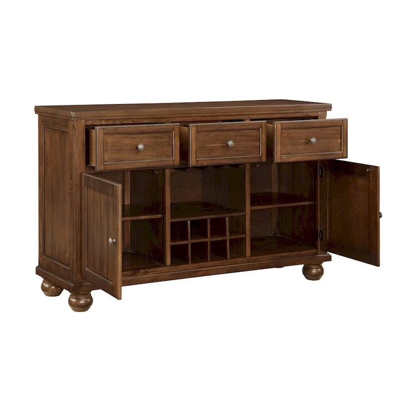 Mobiletto portabottiglie in legno con 3 cassetti e 2 ante, color noce