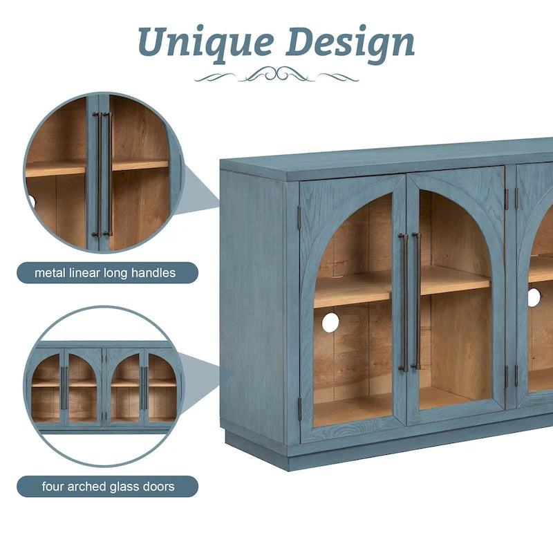 Credenza retrò grande a 4 ante con maniglie in metallo e ripiani regolabili per cucina, sala da pranzo e soggiorno
