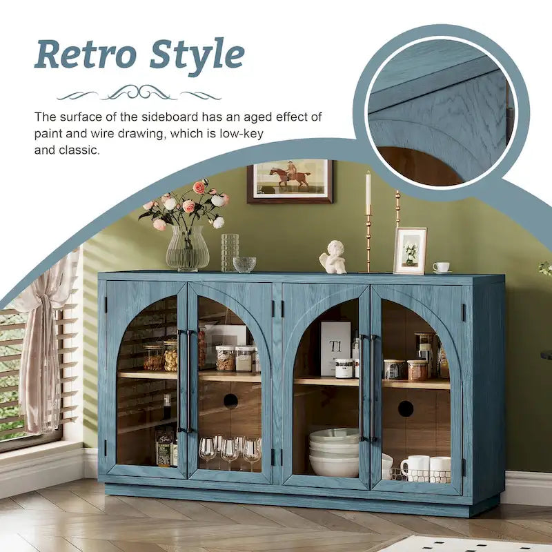 Credenza retrò grande a 4 ante con maniglie in metallo e ripiani regolabili per cucina, sala da pranzo e soggiorno