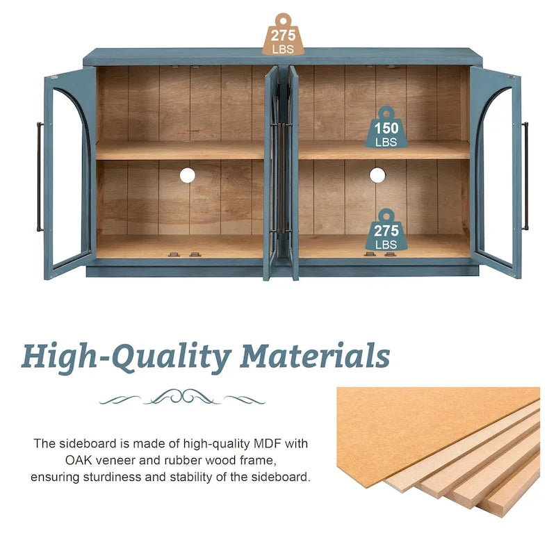 Credenza retrò grande a 4 ante con maniglie in metallo e ripiani regolabili per cucina, sala da pranzo e soggiorno