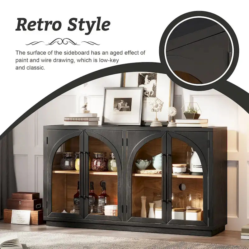 Credenza retrò grande a 4 ante con maniglie in metallo e ripiani regolabili per cucina, sala da pranzo e soggiorno