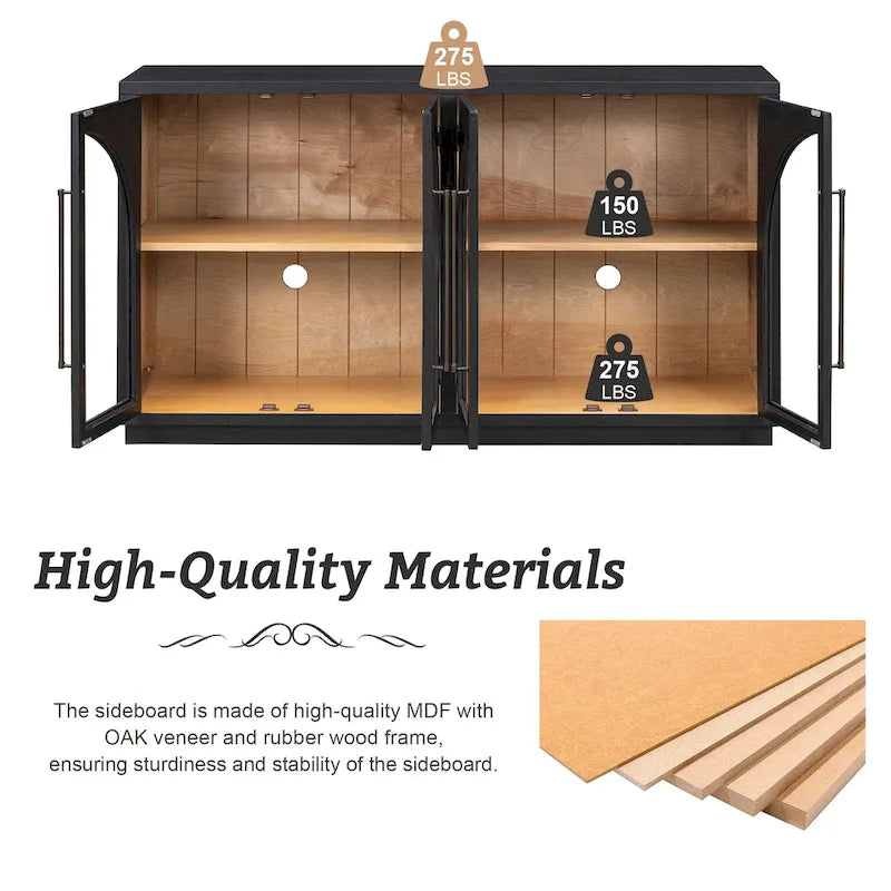 Credenza retrò grande a 4 ante con maniglie in metallo e ripiani regolabili per cucina, sala da pranzo e soggiorno