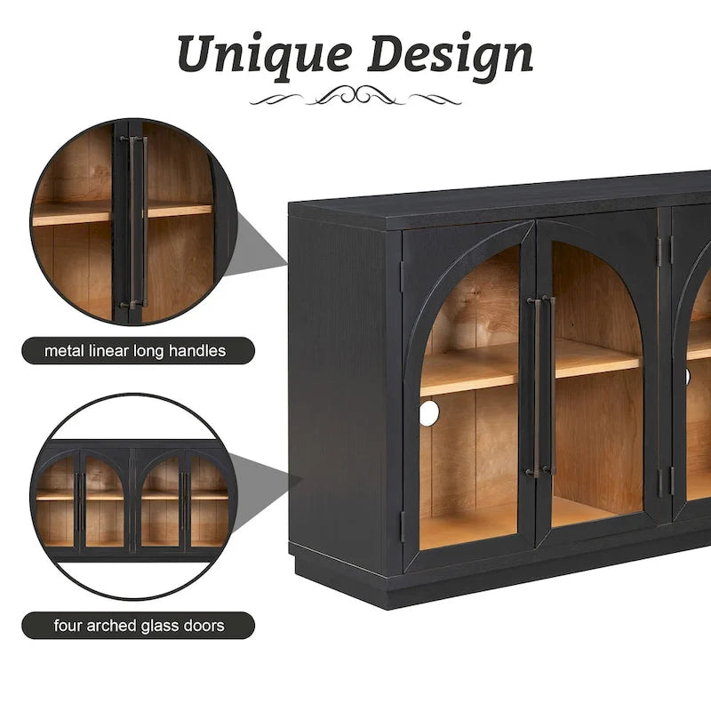 Credenza retrò grande a 4 ante con maniglie in metallo e ripiani regolabili per cucina, sala da pranzo e soggiorno