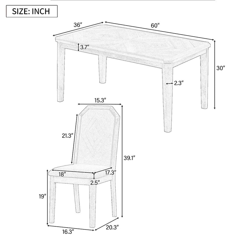 Set da pranzo in stile rustico da 7 pezzi, tavolo classico e 6 sedie con schienale alto per sala da pranzo