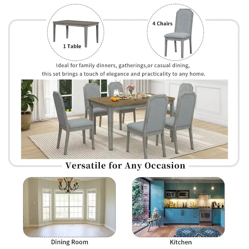 Set da pranzo in stile rustico da 7 pezzi, tavolo classico e 6 sedie con schienale alto per sala da pranzo