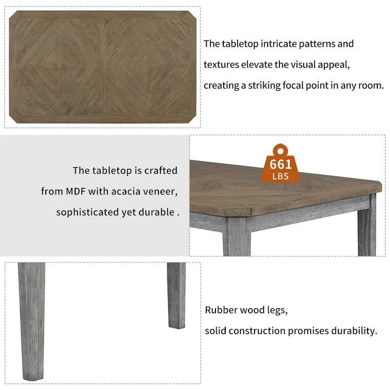 Set da pranzo in stile rustico da 7 pezzi, tavolo classico e 6 sedie con schienale alto per sala da pranzo