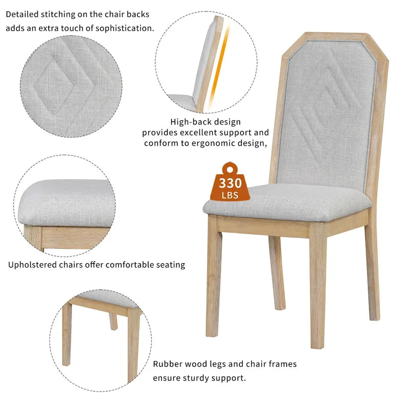 Set da pranzo in stile rustico da 7 pezzi, tavolo classico e 6 sedie con schienale alto per sala da pranzo