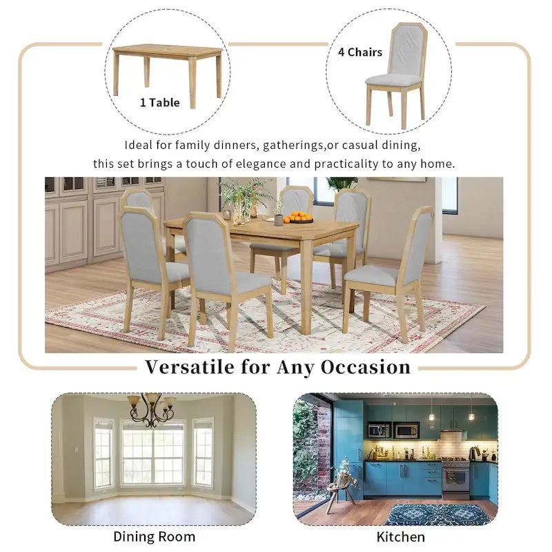 Set da pranzo in stile rustico da 7 pezzi, tavolo classico e 6 sedie con schienale alto per sala da pranzo