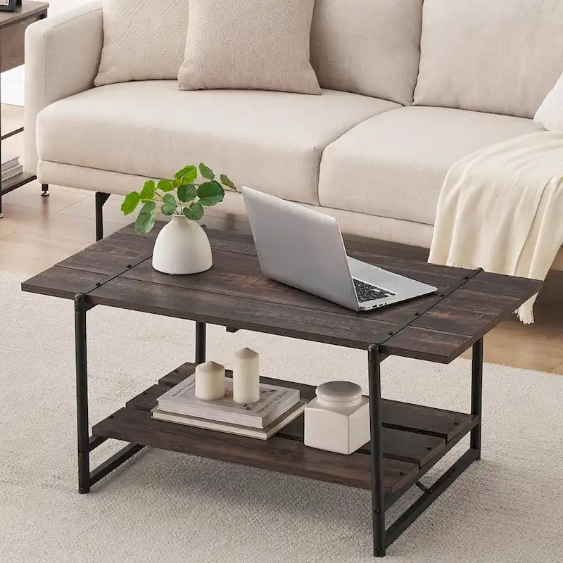 2-Tier Farmhouse 41 Large Wood Coffee Table with Shelf