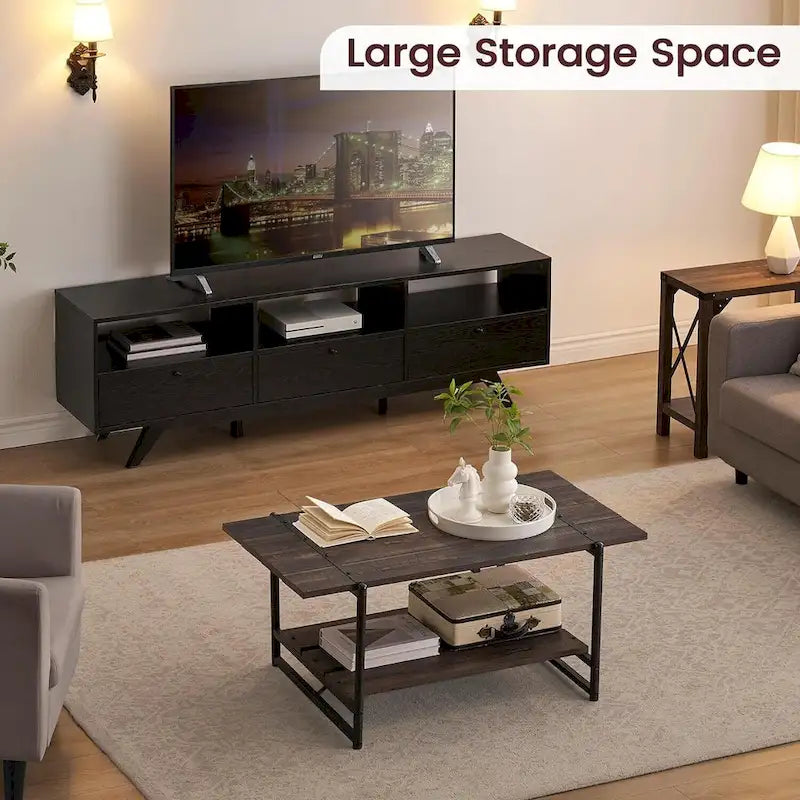 Tavolino da caffè in legno grande a 2 livelli con ripiano Farmhouse 41