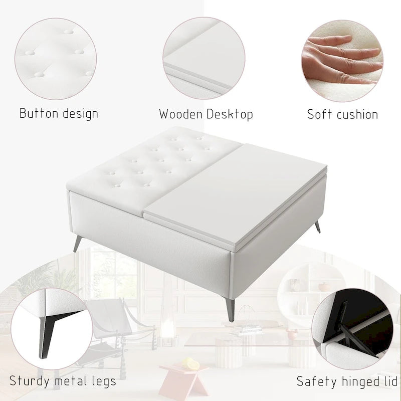 Tavolino da caffè con panche quadrate da 35 pollici di larghezza e piano sollevabile, pouf contenitore di grandi dimensioni imbottito