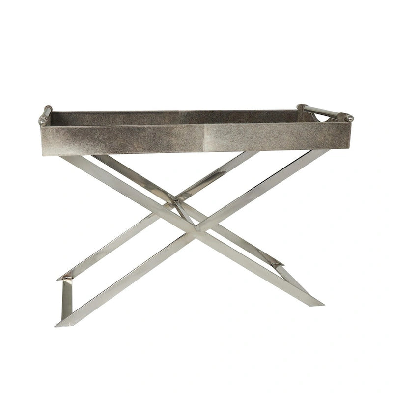 Tavolino laterale in pelle con gambe e maniglie diagonali in argento - Grigio - Roche River Decor