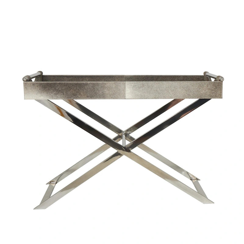 Tavolino laterale in pelle con gambe e maniglie diagonali in argento - Grigio - Roche River Decor