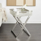 Tavolino laterale in pelle con gambe e maniglie diagonali in argento - Grigio - Roche River Decor