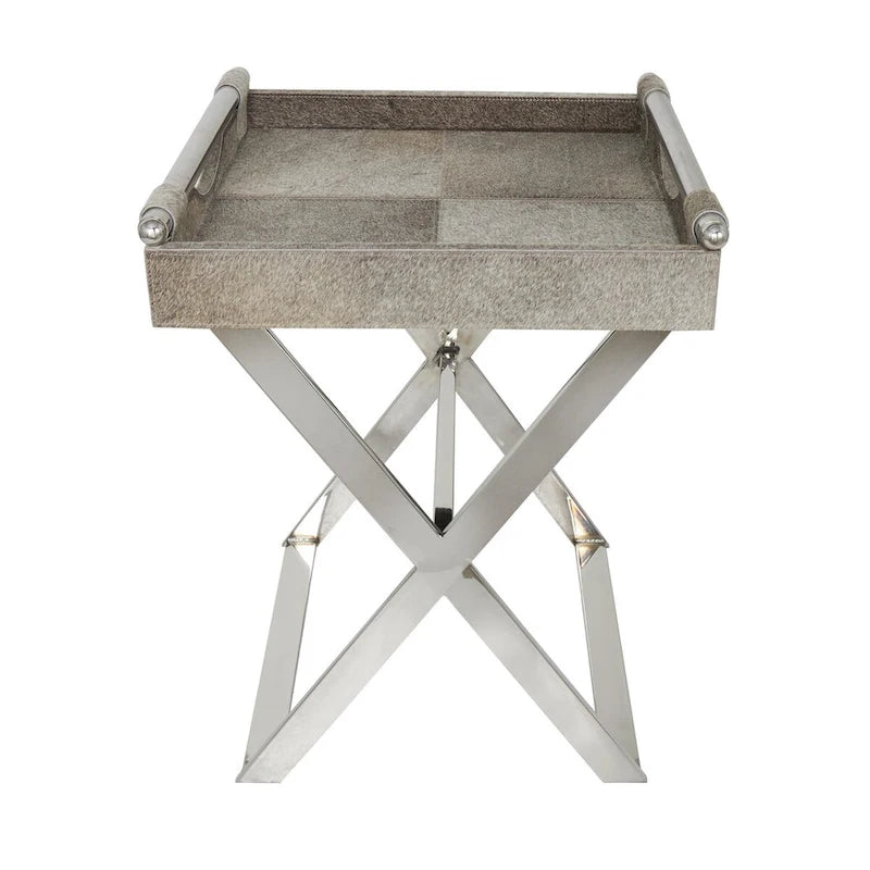 Tavolino laterale in pelle con gambe e maniglie diagonali in argento - Grigio - Roche River Decor