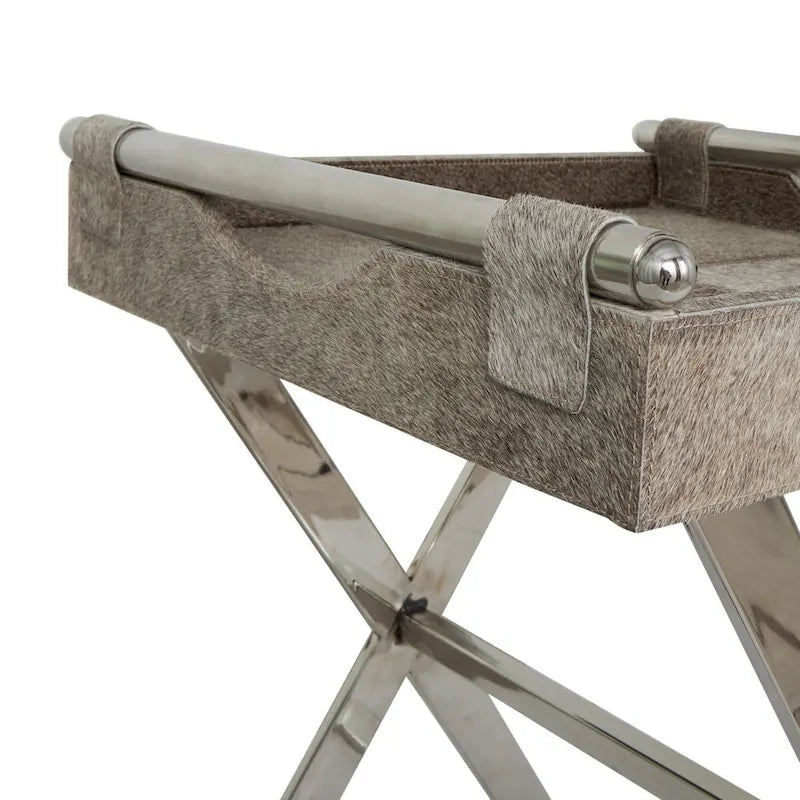 Tavolino laterale in pelle con gambe e maniglie diagonali in argento - Grigio - Roche River Decor