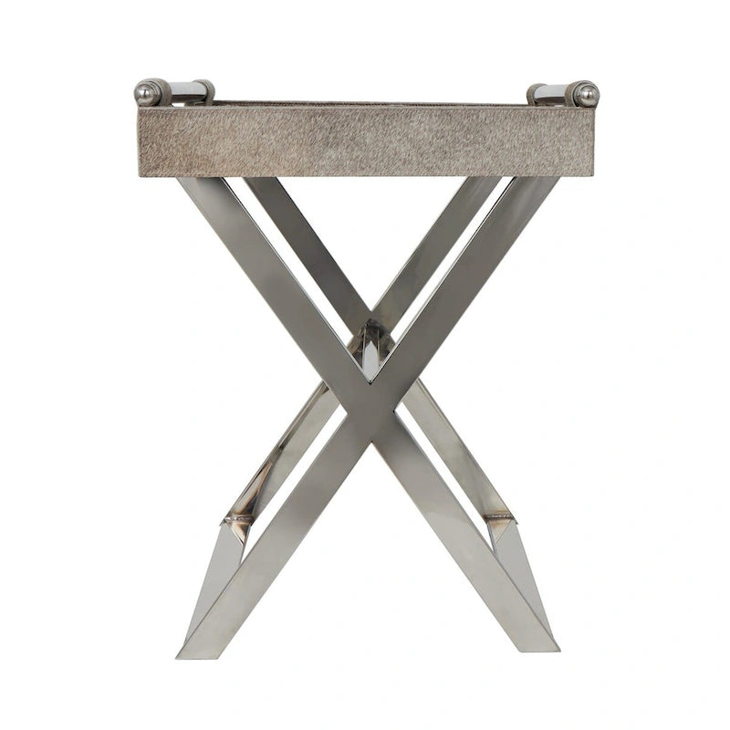 Tavolino laterale in pelle con gambe e maniglie diagonali in argento - Grigio - Roche River Decor