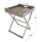 Tavolino laterale in pelle con gambe e maniglie diagonali in argento - Grigio - Roche River Decor