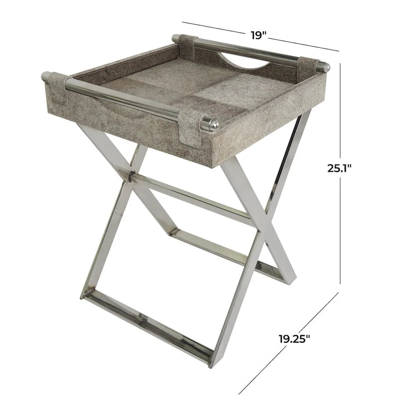 Tavolino laterale in pelle con gambe e maniglie diagonali in argento - Grigio - Roche River Decor