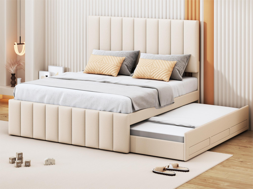 Letto in tessuto beige, 140 x 200 cm